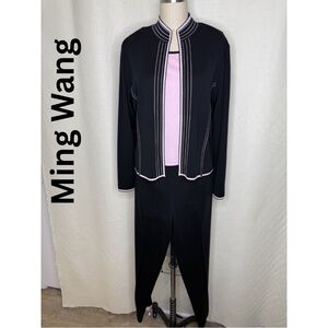 Ming Wang Knit Jacket Dress Set Pink Black Career Elegant 3 Piece Size M